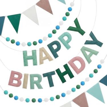 Imagem de Mindsoft Conjunto de 3 peças de guirlanda de aniversário de feltro, faixa de feliz aniversário de 2,5 m, flâmula triangular e guirlanda de bola de pompom de 2 metros, verde sálvia, reutilizável
