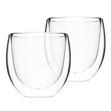Imagem de Conjunto Kit Jogo 2 Copos de Vidro Borossilicato Parede Dupla 140ml Térmicas Ideal para Café Chá Cappuccino Sobremesas Bistrô Shot Bebidas Quentes ou Frias
