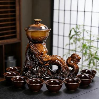 Imagem de Conjunto de chá chinês de gongfu de cerâmica com infusor, 8 xícaras, design de dragão semiautomático para chá de folhas soltas