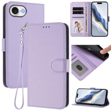Imagem de Capa carteira para iPhone 16e, capa fina de couro com compartimentos para cartões, alça de pulso e suporte, capa protetora à prova de choque para homens e mulheres (roxo claro)