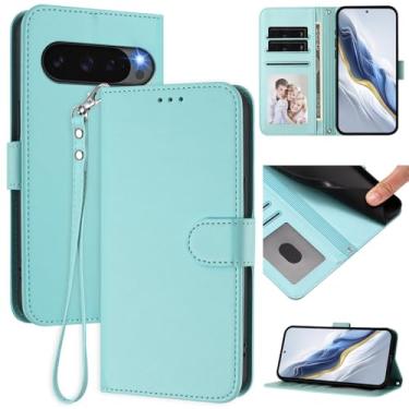 Imagem de Capa carteira para Google Pixel 9 Pro XL, capa fina de couro com compartimentos para cartões, alça de pulso e suporte, capa protetora à prova de choque para homens e mulheres (menta)