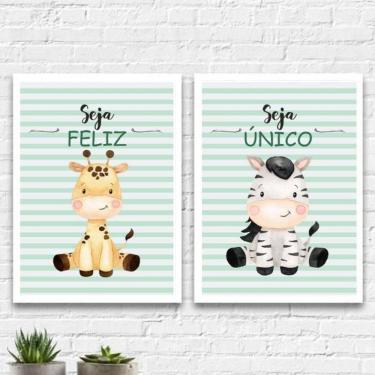 Imagem de Kit 2 Quadros Infantil Tema Safari Seja Feliz 45X34Cm Branca