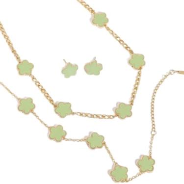 Imagem de CONJUNTO DE TRÊS PEÇAS DE COLAR, PULSEIRA E BRINCOS DE TREVO DE QUATRO FOLHAS (VERDE) PARA TODAS AS OCASIÕES, PRESENTE NAMORADA, MÃE, AMIGA, FILHA