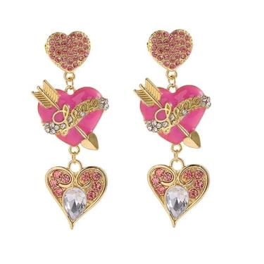 Imagem de Brincos de coração fofos de acrílico para o dia dos namorados, coração, cupido, flecha, de madeira, rosa, rosa, amor, dia dos namorados, joias para mulheres, meninas, presente, Metal, Sem pedra