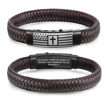 Imagem de VNOX Bracelete masculino de couro trançado feito à mão com mantra inspirador, ajustável, presente motivacional para homens, Bandeira americana - Salmo 91:11, Sem Pedra Preciosa