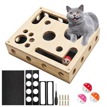 Imagem de Caixa de enriquecimento de quebra-cabeça para gatos, caixa de lixa de unha de gato com bola de sino e lixa dentro, caixa de labirinto arranhador de gatos de madeira, presente para gatos que odeiam