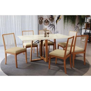 Imagem de Sala Jantar Mesa Elma Premium Madeira Maciça c/ Tampo Madeirado c/ Vidro 160x90cm e 6 Cadeiras Lara Carvalho/Off White - Boucle Bege - Kappesberg