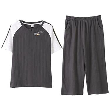 Imagem de HHHJQFAAT Conjuntos de pijamas femininos de manga curta sólidos para casa conjunto de 2 peças roupa de dormir casual pijama (cinza grande)