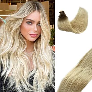 Imagem de Extensões de cabelo humano Remy com fita adesiva, fita ombré de 35,5 cm em extensões de cabelo humano liso macio castanho a platinado, fita colorida moderna em extensões de cabelo natural 50 g 20