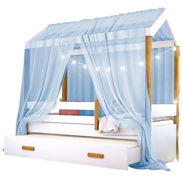 Imagem de Cama Montessori Cabana Com Auxiliar Cordão Led E Dossel Azul
