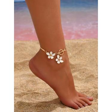 Imagem de Tornozeleira de corrente de cobra dourada para mulheres, pingente de flor branca, fecho articulado, pulseira no tornozelo, verão, praia, joia para pés