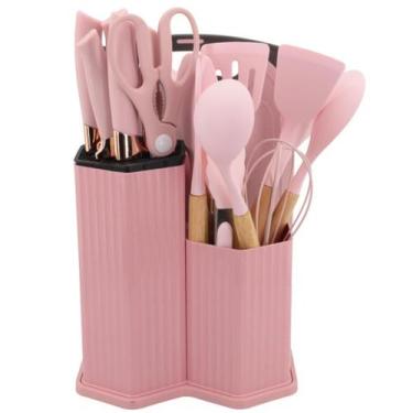 Imagem de Kit 19 Pç Silicone Cabo Madeira Facas Tábua Pote Organizador COR:ROSA 
