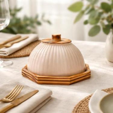 Imagem de Queijeira Cloche Pequena Octagonal Madeira Cerâmica Canelada - Luggari