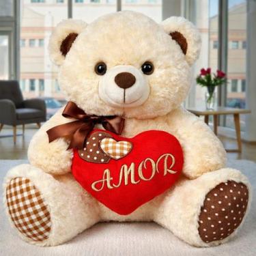 Imagem de Urso de Pelúcia Grande Com Coração Amor e Laço Luxo Cor:Creme - Nikity
