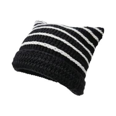 Imagem de Gorro Feminino Com Orelhas De Gato Y2K Listrado De Tricô Quente De Inv
