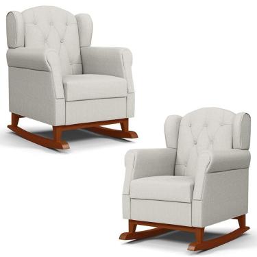Imagem de Kit 02 Poltronas Amamentação Base Madeira Balanço Lucy P04 Linho Off White - Mpozenato