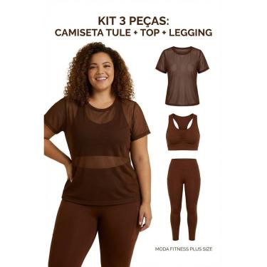 Imagem de Kit Fitness Plus Size Camiseta Tule Top e Legging Suplex-Feminino