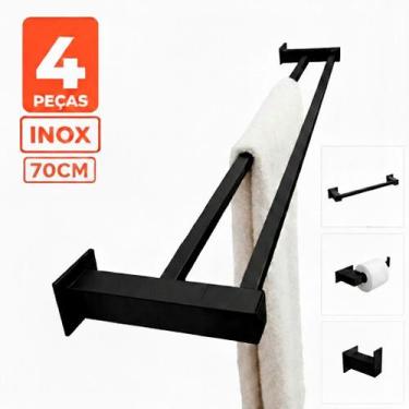 Imagem de Toalheiro Duplo Inox 70cm - Kit Acessórios Banheiro 4 Peças Preto Fosc