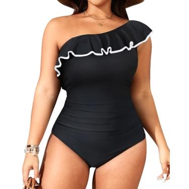 Imagem de Aqua Eve Traje de banho plus size para mulheres, maiô inteiro com babado e controle de barriga, Preto e branco, 15 Plus Size