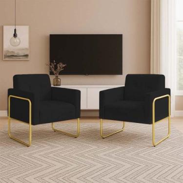 Imagem de Poltrona Sala Industrial Alta Tubo Dourado Kit 2 Elisa Suede Preto D03
