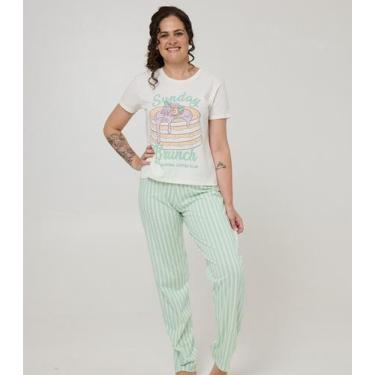 Imagem de Pijama Longo Feminino Meia Malha Evanilda Verde, M, Verde