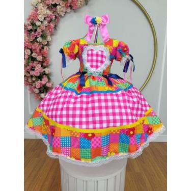 Imagem de Vestido Xadrez Festa Junina Infantil Rosa Colorido Coração Junino Caip