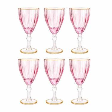 Imagem de Jogo Com 6 Taças Diamond 310ml Cor Rosa Fio Dourado Vidro - Imporiente