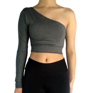 Imagem de Cropped Feminino Um Ombro Só Manga Longa Barra Liso Suplex PP ao Plus 