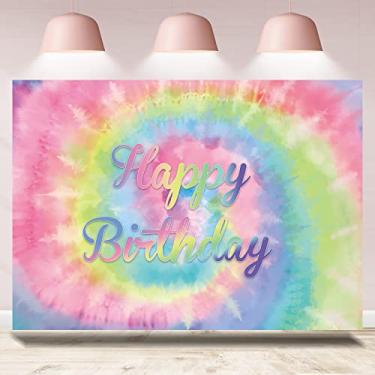 Imagem de Rsuuinu Tie Dye pano de fundo de festa de aniversário unicórnio pastel macaron menina feliz aniversário decorações de festa de aniversário arco-íris para fotografia mesa de bolo suprimentos para cabine de fotos 2,1 x 1,5 m
