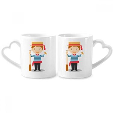 Imagem de Conjunto de canecas de porcelana para casais, listras, azuis, brancas, com desenho de Itália, coração