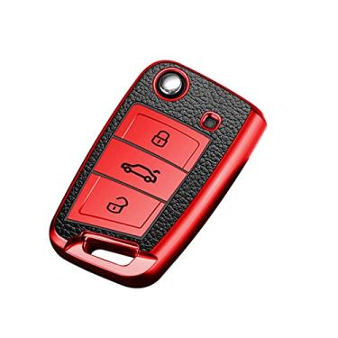 Imagem de YJADHU Capa de chave de carro TPU de couro dobrável com controle remoto chaveiro, apto para VW Volkswagen MK7 GTI 7 Golf 7 Golf R Skoda Octavia A7 SEAT, vermelho