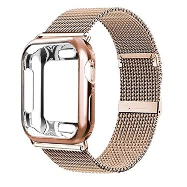 Imagem de MAALYA Capa + pulseira para Apple Watch Band 41mm 45mm 44/40mm 42/38mm Cinto de Metal Pulseira Milanese Loop para iWatch Series 7 6 SE 54321 (Cor: ouro rosa, Tamanho: 44mm para SE/6/5/4)