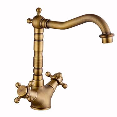 Imagem de LIDON Torneira de pia de banheiro Torneira de alça dupla Torneira de pia de banheiro Latão antigo Torneira de cozinha antiga Torneiras de banheiro de latão para pia 1 furo para banheiro, antigo A (cor: antigo A)