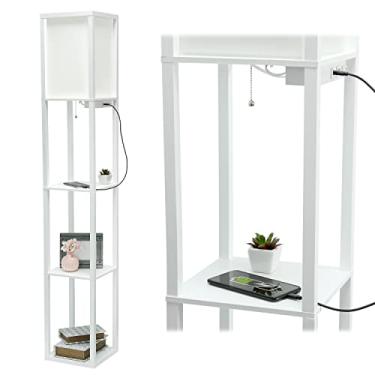 Imagem de Simple Designs LF1037-WHT Prateleira Organizadora de Armazenamento com 2 Portas, 1 Tomada de Carregamento e Abajur de Chão USB Etagere, Branco