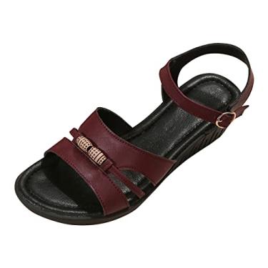 Imagem de Sandálias de pescador para mulheres salto feminino estilo boêmio verão couro com contas decorativas fivela aberta sola grossa sandálias modernas (vinho, 35)