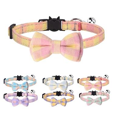Imagem de MAKASI Coleira de gato com gravata borboleta e sino, estampas xadrez fofas, coleiras de segurança para gatinhos (rosa amarelo)