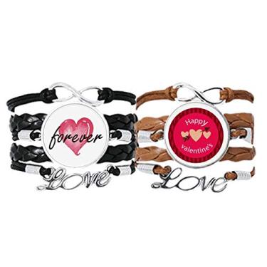 Imagem de DIYthinker Pulseira rosa feliz dia dos namorados coração flecha pulseira alça de mão corda de couro Forever Love conjunto duplo