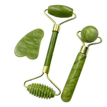 Imagem de Andoer Rolos de jade e raspadores de Gua Sha Conjunto de pedras de jade para cuidados com a pele facial Anti-envelhecimento rosto olho pescoço beleza rolo massageador facial