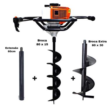 Imagem de KIT Perfurador de Solo Vulcan VPS520-S 2T 52CC 2,5HP com Broca 80x15cm + Broca Extra 80x30cm + Extensão Extra 60cm com Pino Trava