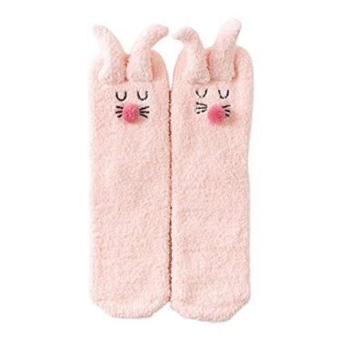Imagem de BlingGlow Meias femininas felpudas de inverno com desenho 3D orelhas de coelho meias quentes para dormir, meias de chinelo, rosa
