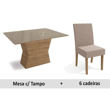 Imagem de Sala de Jantar Completa Tília Tampo Madeirado c/ Vidro 160x90cm e 6 Cadeiras CAD133 Freijó/Bronze/Bege - Kappesberg