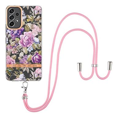 Imagem de Capa compatível com flores silvestres para Galaxy A53, IMD personalizada série flor roxa peônia capas de telefone finas à prova de choque capa protetora traseira cordão longo para Samsung GalaxyA53 5G