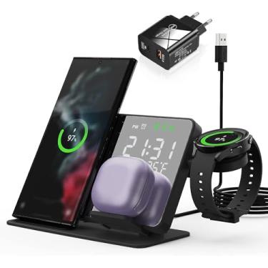 Imagem de Estação de carregamento sem fio para dispositivos Samsung, despertador espelhado base de carregamento para Galaxy S23 S22 S21 S20 S10/Note 20 10 9/ Z Flip Fold 4, Galaxy Watch 5 Pro/5/4/3, Galaxy Buds