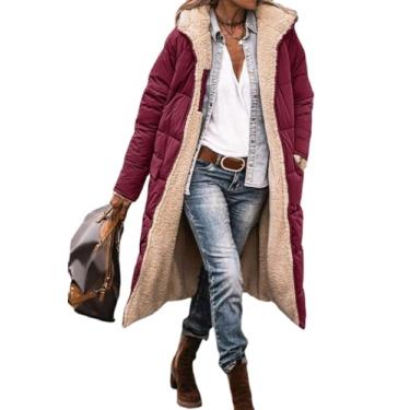 Imagem de Casaco acolchoado grosso e quente, jaqueta de manga comprida plus size feminina caminhada inverno moderno jaqueta com zíper macio fino sólido, Vinho tinto, XXG