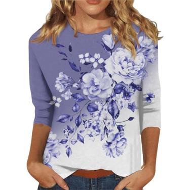 Imagem de Camisetas femininas de manga 3/4 com estampa floral 2024 camiseta casual macia túnica moderna blusa básica leve, Cinza, GG
