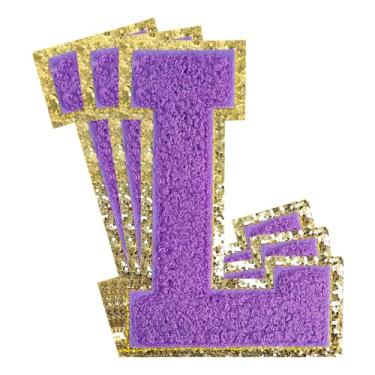 Imagem de 3 peças de remendos de letras de chenille roxo glitter ferro em remendos de letras universitárias remendo bordado de chenille costurar em remendos para roupas chapéu bolsas jaquetas camisa (roxo, G)