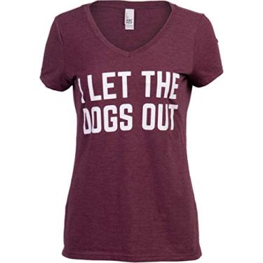 Imagem de I Let The Dogs Out | Camiseta feminina engraçada com gola V e humor de dono de animal de estimação, Maroon Heather, X-Large