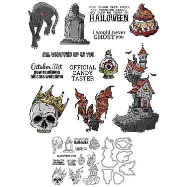 Imagem de Conjunto assustador de carimbos de túmulo de morcego e matrizes de corte de metal assustador com caixa de envelope para fazer cartões, suprimentos de scrapbook, carimbos de silicone, molde de faca