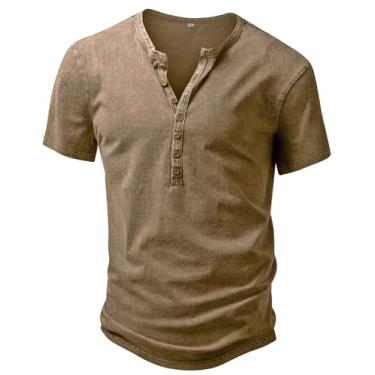 Imagem de Anelune Camiseta masculina Henley de algodão pesado manga curta casual, Caqui, M