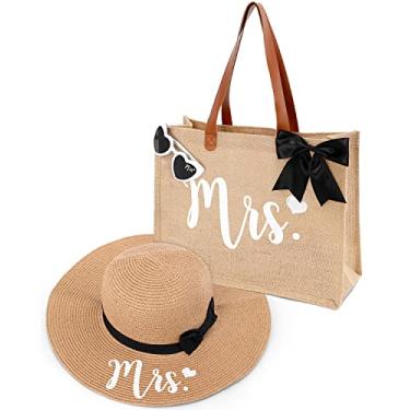 Imagem de Percozzi Mrs. Tote Bag Conjunto de óculos de sol Bride-To-Be 2023 Presente de chá de panela com cesta de coração fofo para noiva, esposa, lua de mel, juta, conjunto de 3, Multicor, Large, Bride Tote